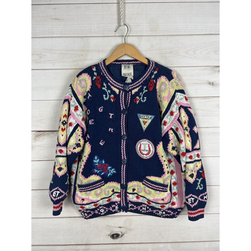 Vintage Together! Sweater Cardigan Womens Medium Floral Embroidered HEAVY b90s